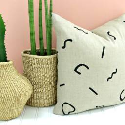 Beige Linen Pillow Cover W Block Printed Wiggle Design // Geometric Modern Cream Tan Ivory Squiggle Decorative Throw Cushion Custom Sizes - thumbnail 3