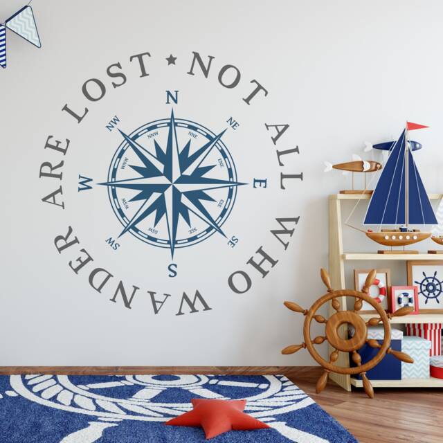 "Compass Rose Wall Decal Nautical Beach Decor Wall ""Not All Who Wander Are Lost" - image 1