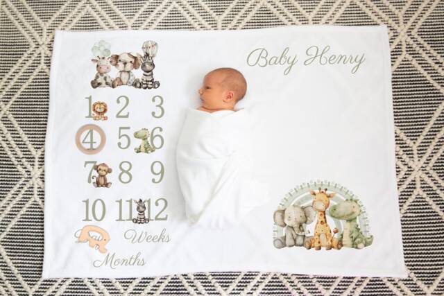 Personalised Baby Milestone Blanket Flannel Nursery Decor, Animal Design - image 1