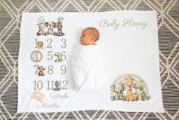 Personalised Baby Milestone Blanket Flannel Nursery Decor, Animal Design - thumbnail 1