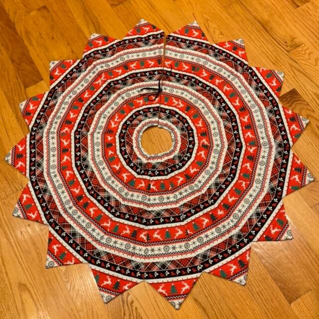 Christmas Tree Skirt, Quilted, Trees, Red, Black, White Stripe, Deer, Plaid - image 1