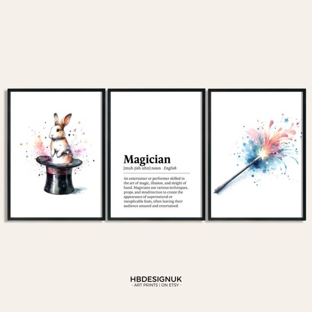 Magician Poster Set - Of 3 Prints - Watercolor Painting Watercolour Picture Magic Wall Art Gift For Posters - image 1