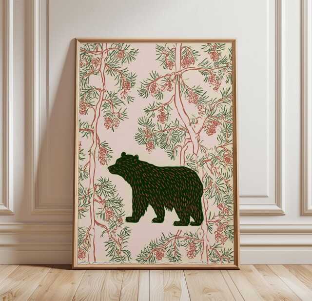 Bear Poster, Pine Forest Print, Woodland Animal Wall Art, Folk Decor - image 1