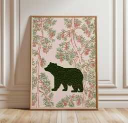 Bear Poster, Pine Forest Print, Woodland Animal Wall Art, Folk Decor - thumbnail 1