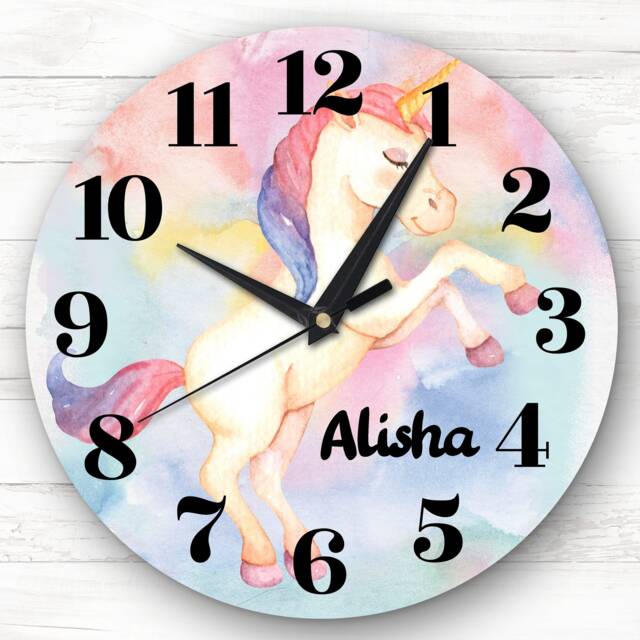 Watercolour Rainbow Unicorn Girls Room Custom Gift Personalised Clock - image 1