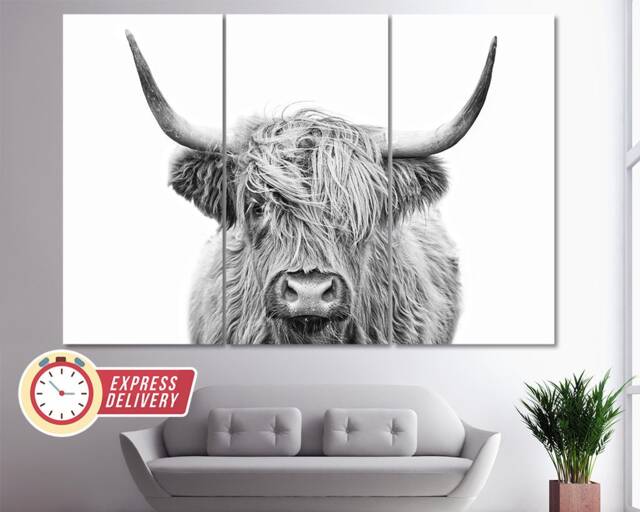 Black & White Highland Cow Canvas Print, Abstract Wall Art, Modern Minimalism, Fashion Gift, Poster, Animals B&w Print - image 1