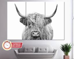 Black & White Highland Cow Canvas Print, Abstract Wall Art, Modern Minimalism, Fashion Gift, Poster, Animals B&w Print - thumbnail 1