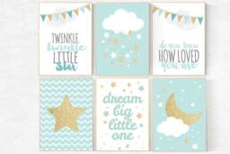 Mint Gold Nursery Wall Art Prints Cloud & Star Decor, Set Of 6 - thumbnail 1