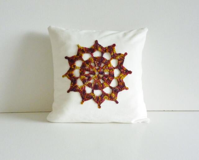 Crochet Motif Cushion - Autumn Wool Design, White Cotton Cover - image 1