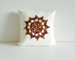 Crochet Motif Cushion - Autumn Wool Design, White Cotton Cover - thumbnail 1