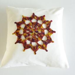 Crochet Motif Cushion - Autumn Wool Design, White Cotton Cover - thumbnail 2