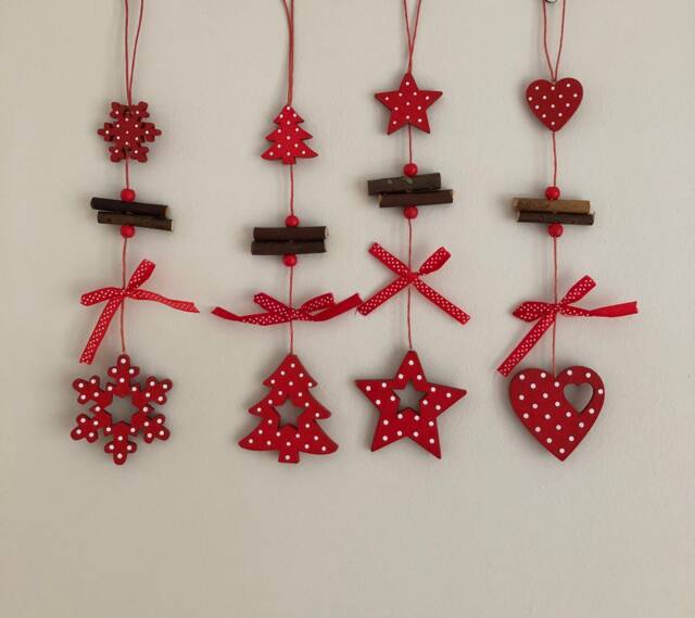 Wooden Painted Hanging Christmas Decoration Red & White Snowflake, Tree, Heart, Star 27cm 1 Piece - image 1