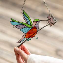 Fluttering Beauty Stained Glass Hummingbird Suncatcher. Wall Hanging Panel. Indoor Outdoor Decor. Mother's Day Decor - thumbnail 2