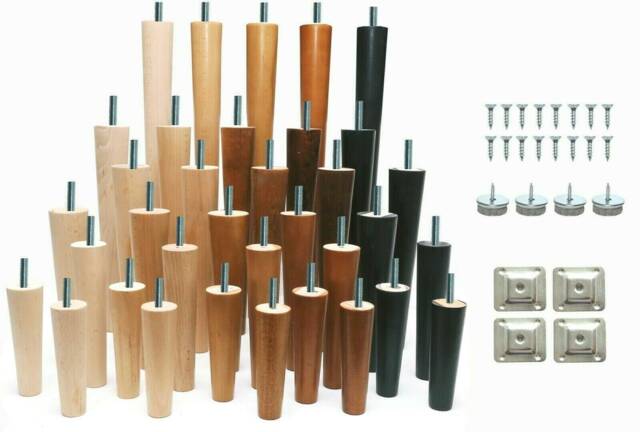 4x Wooden Round Furniture Tapered Cone Legs Feet For Sofa Table Chair Footstool 5'' To 18'' M8 M10 Level Fixing Plates Various Colours - image 1