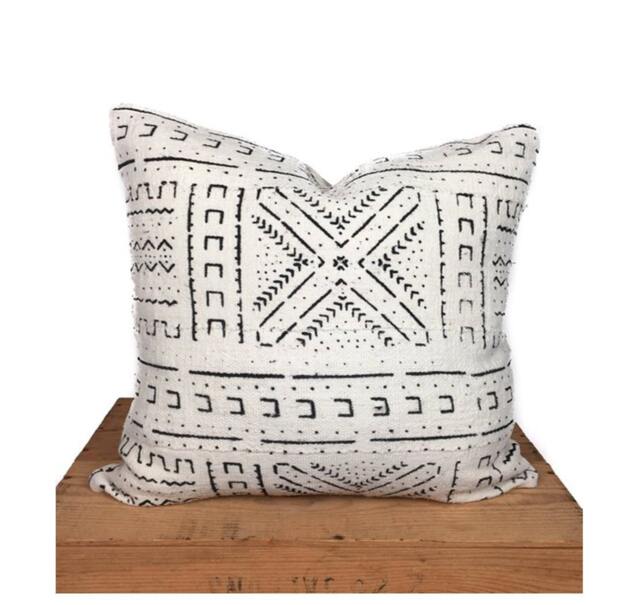Handmade African Mudcloth Pillow Cover, Black & White, Boho Decor - image 1