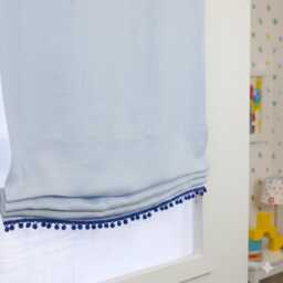 Blue Linen Relaxed Roman Shade With Pom Trim, Blackout Nursery Window Blind, Cl1010 - thumbnail 2