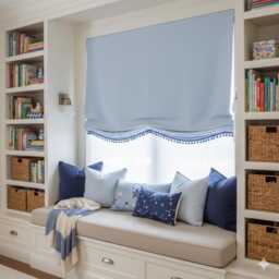 Blue Linen Relaxed Roman Shade With Pom Trim, Blackout Nursery Window Blind, Cl1010 - thumbnail 1