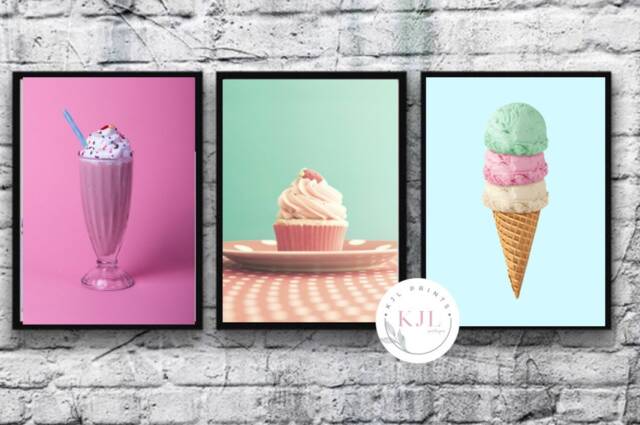 Set Of Three Retro Wall Prints, Diner, Colourful , Cupcake, Milkshake, Icecream, Cafe Kitchen Print
