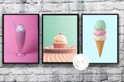 Set Of Three Retro Wall Prints, Diner, Colourful , Cupcake, Milkshake, Icecream, Cafe Kitchen Print