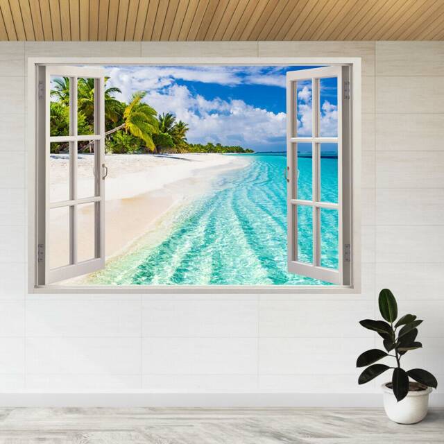 Beach With Palm Trees & Moody Sky 3D Window View Wall Sticker Poster Decal A878 - image 1