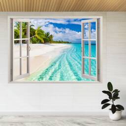 Beach With Palm Trees & Moody Sky 3D Window View Wall Sticker Poster Decal A878