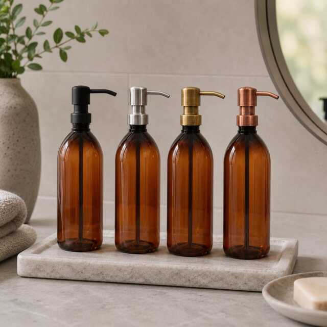 500Ml Amber Pet Pump Bottle, Refillable Soap Dispenser, Lotion Shampoo Choice Of Matte Black Steel Brass Copper - image 1