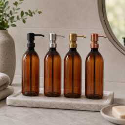 500Ml Amber Pet Pump Bottle, Refillable Soap Dispenser, Lotion Shampoo Choice Of Matte Black Steel Brass Copper