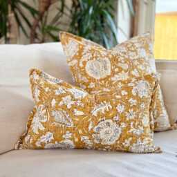 Mustard Yellow Floral Cushion Hand Block Printed Kantha Stitched Cotton - thumbnail 2