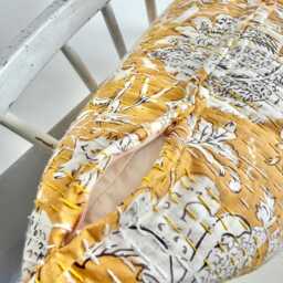 Mustard Yellow Floral Cushion Hand Block Printed Kantha Stitched Cotton - thumbnail 4