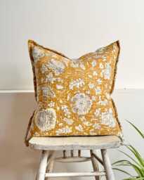 Mustard Yellow Floral Cushion Hand Block Printed Kantha Stitched Cotton - thumbnail 1