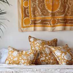 Mustard Yellow Floral Cushion Hand Block Printed Kantha Stitched Cotton - thumbnail 3