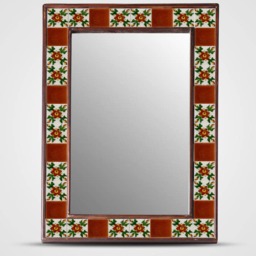 Floral Tile Mirror Brown Wood Frame, Boho Chic Wall Decor, Christmas Gift - thumbnail 2