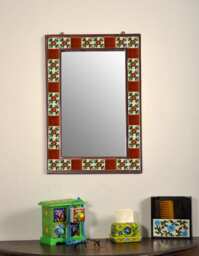 Floral Tile Mirror Brown Wood Frame, Boho Chic Wall Decor, Christmas Gift