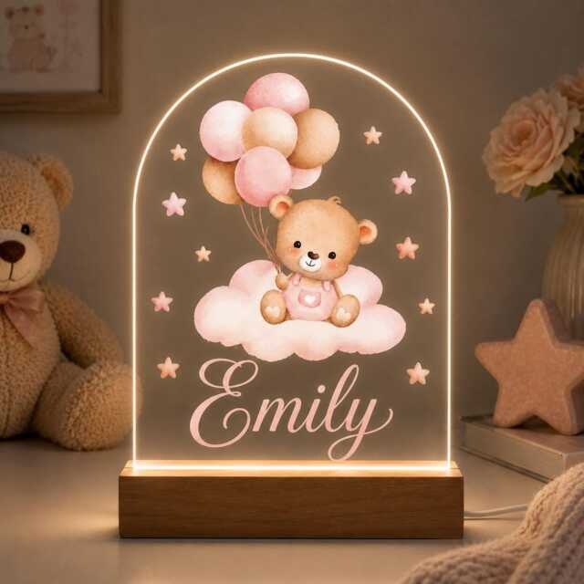 Personalised Night Light, Bear & Balloons, New Baby, 1st Birthday, Christening Gift, Nursery Light - image 1