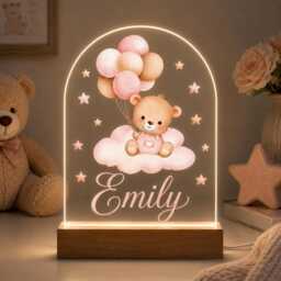 Personalised Night Light, Bear & Balloons, New Baby, 1st Birthday, Christening Gift, Nursery Light