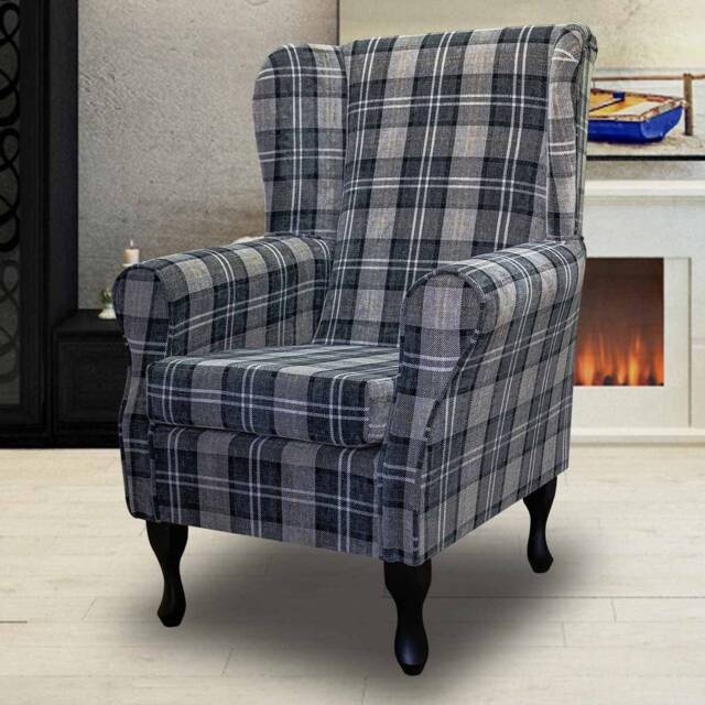 Handmade Wingback Armchair Grey Tartan Plaid Fireside Accent Chair - image 1