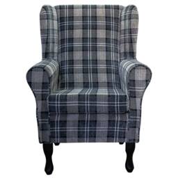 Handmade Wingback Armchair Grey Tartan Plaid Fireside Accent Chair - thumbnail 2