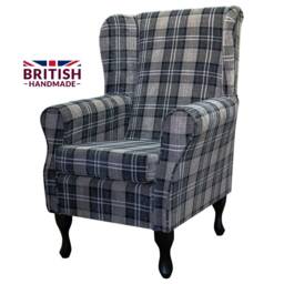 Handmade Wingback Armchair Grey Tartan Plaid Fireside Accent Chair - thumbnail 3