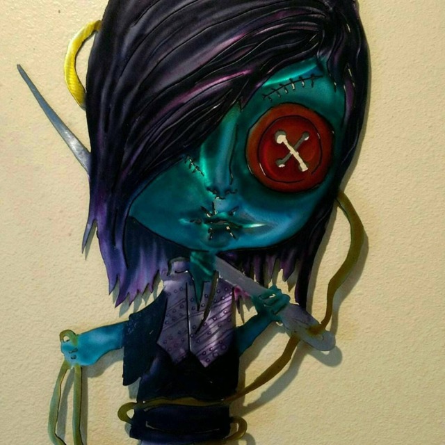 Metal Wall Art Coraline Voodoo Doll, Goth Girl, Punk Purple Hair Rocker, Effigy, Don't Care, Needlenthread - image 1