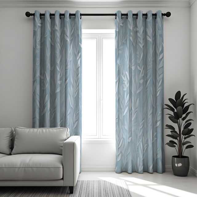 Blue Leaf Curtains, Subtle Botanical Pattern Drapes in Soft Light Tones, Custom Window Panels For Living Room Or Bedroom Decor - image 1