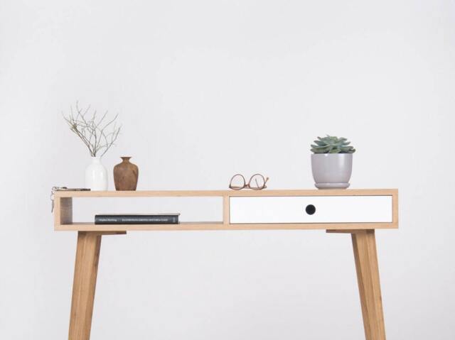 Oak Wood Console Table - Mid Century Modern Entryway Desk With White Drawer - image 1