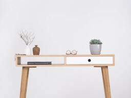 Oak Wood Console Table - Mid Century Modern Entryway Desk With White Drawer