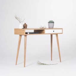 Oak Wood Console Table - Mid Century Modern Entryway Desk With White Drawer - thumbnail 2