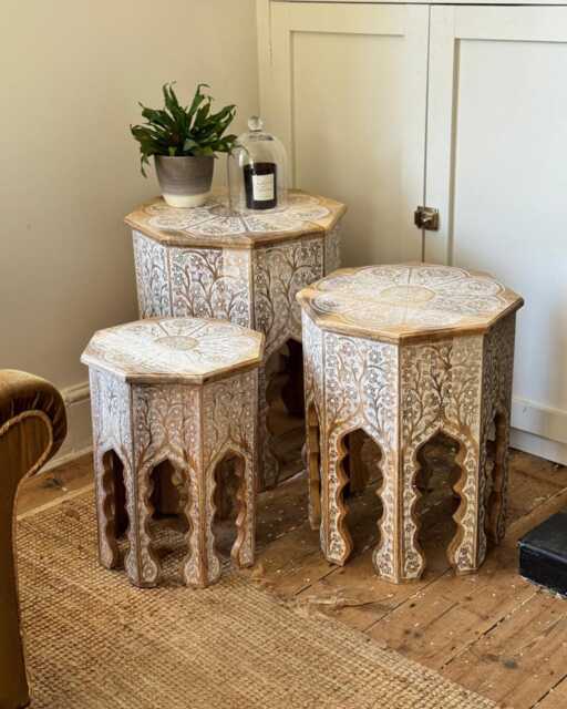 Octagonal Indian Side Table Set - Hand-Painted White Floral Artwork - image 1