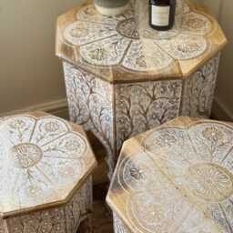 Octagonal Indian Side Table Set - Hand-Painted White Floral Artwork - thumbnail 3