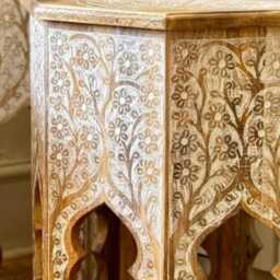 Octagonal Indian Side Table Set - Hand-Painted White Floral Artwork - thumbnail 2