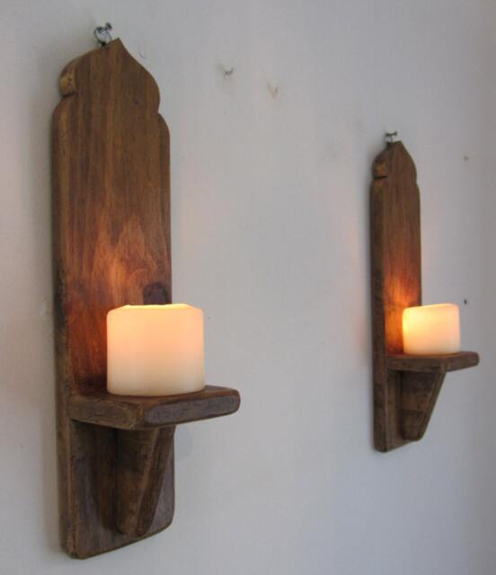 Pair Of Moroccan Style Reclaimed Pallet Wood Wall Sconce's Candle Holders in Rustic Brown Beeswax - image 1