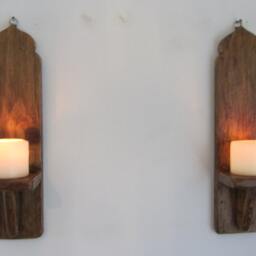 Pair Of Moroccan Style Reclaimed Pallet Wood Wall Sconce's Candle Holders in Rustic Brown Beeswax - thumbnail 3