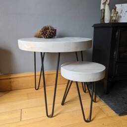 Round Chunky Rustic Nest Of Tables, Supported By Steel Hairpin Legs - Scandinavian Redwood Farmhouse Furniture Home Decor Industrial - thumbnail 2