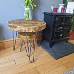 Round Chunky Rustic Nest Of Tables, Supported By Steel Hairpin Legs - Scandinavian Redwood Farmhouse Furniture Home Decor Industrial - thumbnail 3